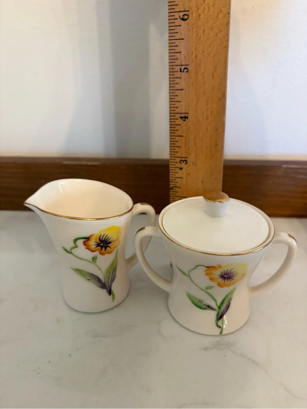 Enesco Vintage Miniature Sugar Bowl & Creamer Set. Floral design with Gold Trim